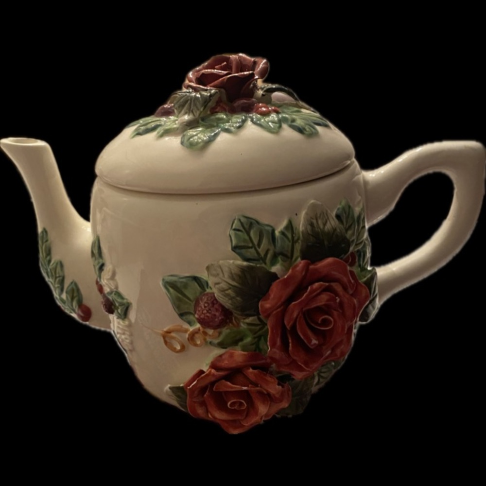 Floral Ceramic Teapot with Red Roses